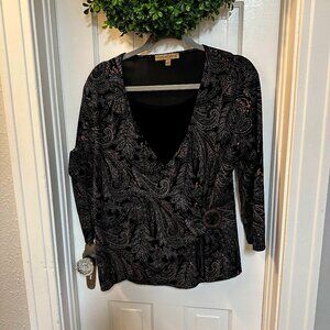 Rotations Vintage Black Faux Wrap Blouse w/ Metallic Pattern & 3/4 Sleeves-Large
